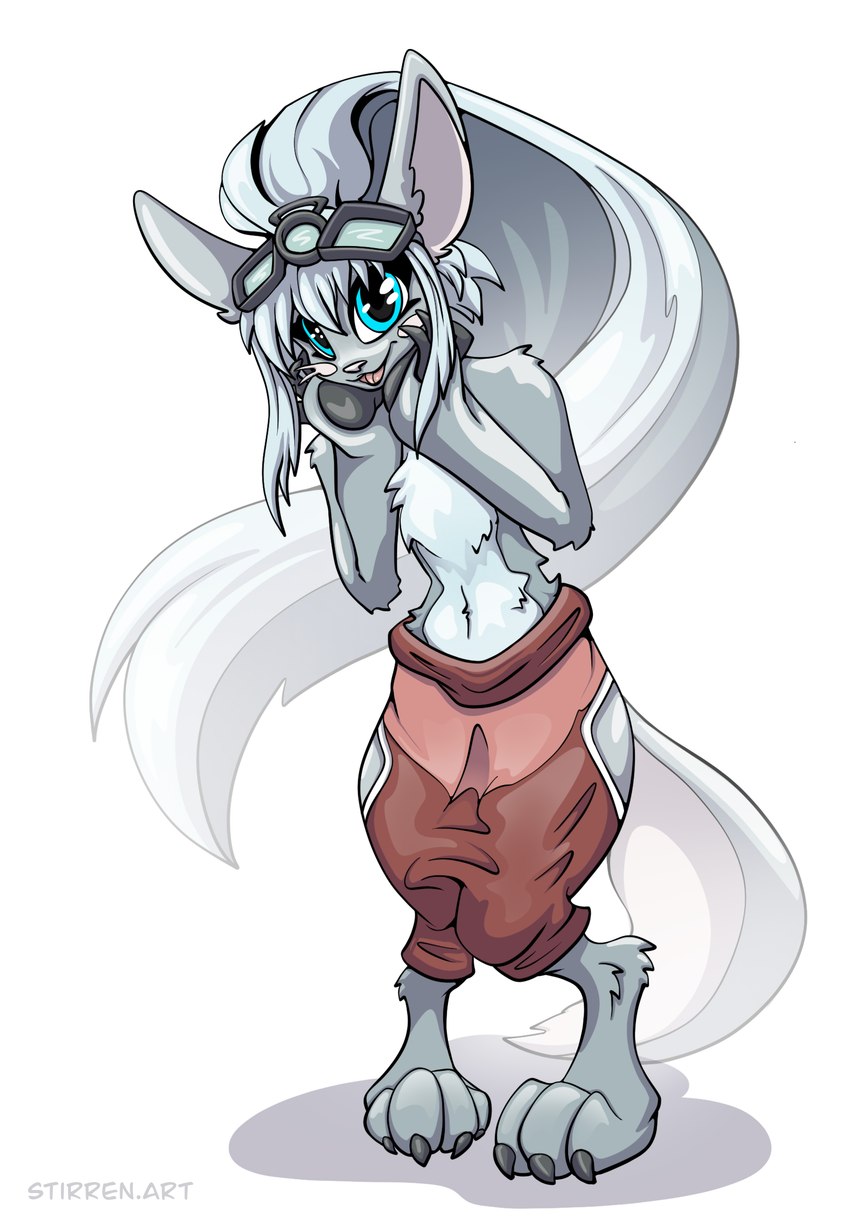 anthro big_ears blue_eyes eyewear eyewear_on_head fur glasses glasses_on_head grey_body grey_fur grey_hair hair long_hair male open_mouth paws pose solo stirren made_in_abyss nanachi hi_res pinup