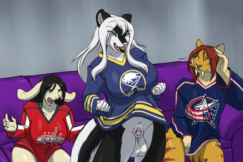 angry animal_genitalia anthro balls bottomless clothed clothing excited facial_piercing female floppy_ears fully_sheathed furniture genitals green_eyes group gynomorph heterochromia hockey hockey_jersey intersex lip_piercing lop_ears male nose_piercing open_mouth piercing sheath sofa sport tail trio furball buffalo_sabres columbus_blue_jackets nhl washington_capitals bonita qaja_(dastiger) summer_grass felid lagomorph leporid mammal mephitid prehistoric_species rabbit saber-toothed_tiger skunk smilodon 3:2