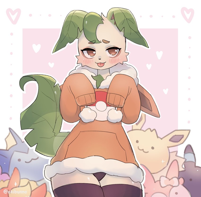 anthro black_clothing black_legwear black_panties black_thigh_highs black_underwear blep blush blush_lines border brown_clothing brown_eyes clothing detailed_background dot_eyes femboy fur green_body green_ears green_fur green_tail heart_symbol hoodie legwear male oversized_clothing oversized_hoodie oversized_topwear panties pink_background plushie pokeball_symbol pokemon_plushie simple_background simple_eyes solo tail tan_body thigh_highs tongue tongue_out topwear tuft underwear white_border akibun nintendo pokemon eeveelution flareon generation_1_pokemon generation_2_pokemon generation_4_pokemon generation_6_pokemon jolteon leafeon pokemon_(species) sylveon umbreon vaporeon hi_res