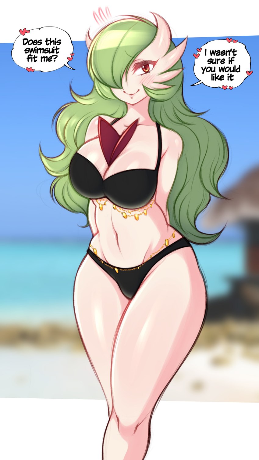 bikini blush blush_lines breasts clothing female green_hair hair hair_over_eye heart_symbol hearts_around_text long_hair looking_at_viewer not_furry one_eye_obstructed orange_eyes smile solo swimwear text two-piece_swimsuit white_body saltyxodium nintendo pokemon hornyvoir generation_6_pokemon mega_evolution mega_gardevoir pokemon_(species) 2022 absurd_res english_text hi_res