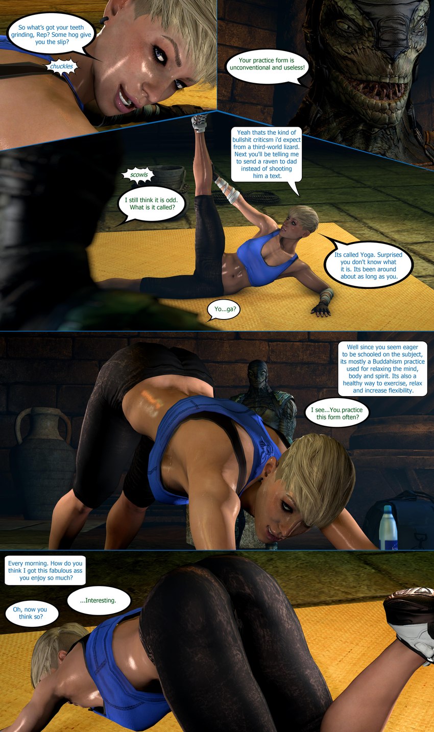 bodily_fluids clothed clothing dialogue duo exercise female inside interspecies male partially_clothed sweat text smokescreen117 mortal_kombat cassie_cage reptile_(mortal_kombat) animal_humanoid human humanoid mammal saurian_(mortal_kombat) scalie scalie_humanoid absurd_res comic english_text hi_res