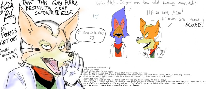 anthro beak blue_body blue_feathers feathers group male text fredryk_phox beavis_and_butt-head nintendo paintchat star_fox falco_lombardi fox_mccloud avian bird canid canine fox mammal english_text