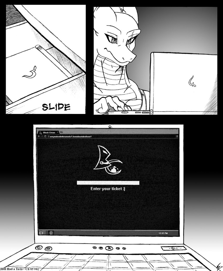 anthro base_two_layout blockage_(layout) clothing computer desk drawer electronics furniture horizontal_blockage horn laptop male sales scar shirt solo table text three_frame_image topwear two_row_layout web_browser viroveteruscy if_hell_had_a_taste mythology skylar_fidchell dragon mythological_creature mythological_scalie scalie 2016 comic english_text hi_res monochrome url