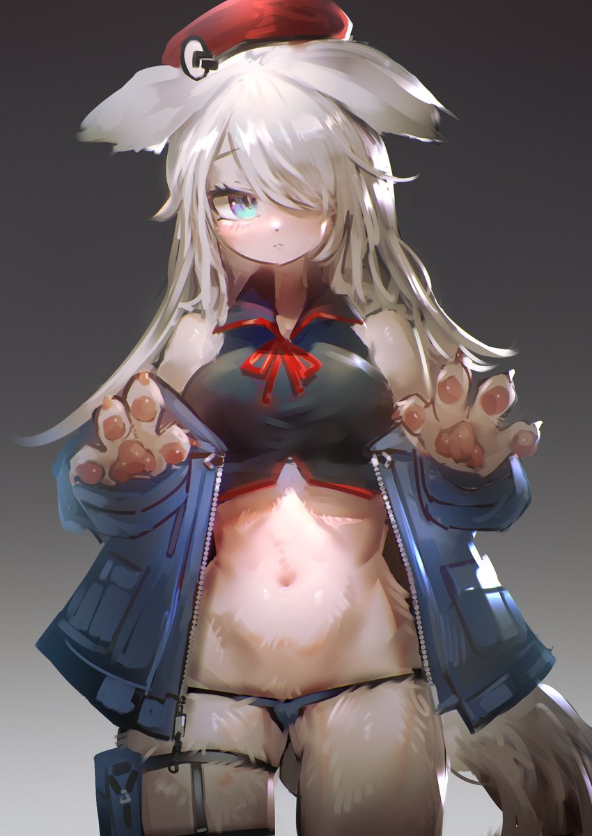 alternate_species anthro biped blue_eyes blush breasts claws clothed clothing female female_anthro fur furrification hair hair_over_eye hat headgear headwear kemono navel one_eye_obstructed pawpads simple_background skimpy solo white_body white_fur white_hair utterangle girls_frontline 9a-91_(girls_frontline) hi_res