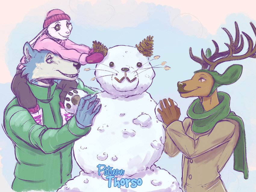 anthro antlers carrying_another clothed clothing coat countershading female group happy hat headgear headwear horn male scarf sitting_on_shoulders snow snowman topwear trio winter thorso_the_vile beastars haru_(beastars) legoshi_(beastars) louis_(beastars) canid canine canis cervine deer domestic_rabbit dwarf_rabbit lagomorph leporid mammal netherland_dwarf_rabbit oryctolagus rabbit red_deer wolf 2021