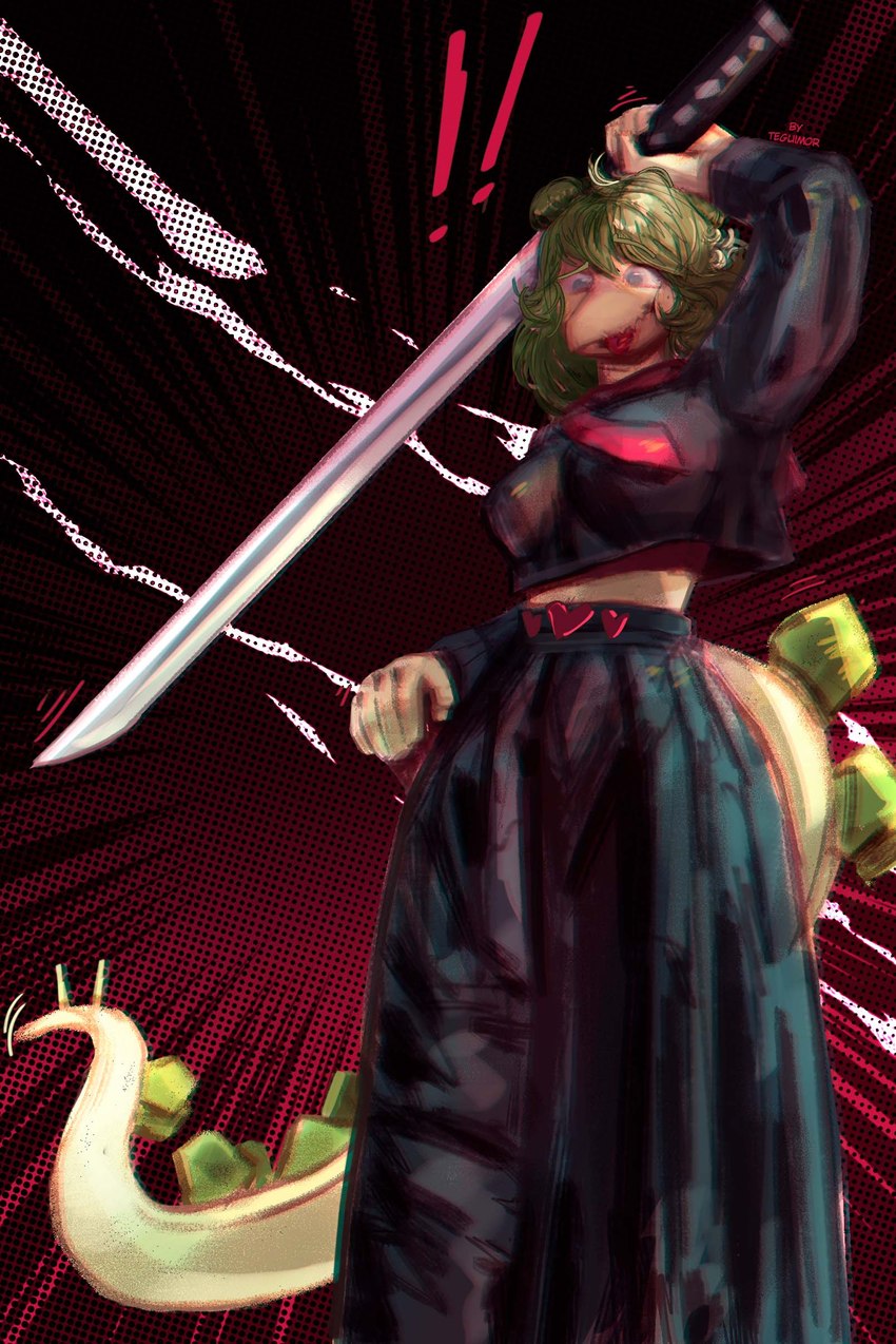 5_fingers anthro black_bottomwear black_clothing black_shirt black_skirt black_topwear blep blue_eyes bottomwear breasts clothing crop_top female fingers green_body green_hair green_scales green_spikes hair heart_symbol holding_katana holding_melee_weapon holding_object holding_sword holding_weapon katana long_tail melee_weapon pose scales shirt simple_background skirt snout solo spiked_tail spikes spikes_(anatomy) sword tail tail_plates tongue tongue_out topwear weapon teguimore cavemanon_studios goodbye_volcano_high snoot_game stella_(gvh_beta) dinosaur ornithischian prehistoric_species reptile scalie stegosaurian stegosaurus thyreophoran absurd_res colored hi_res