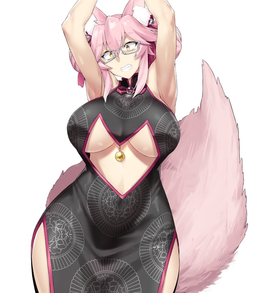 asian_clothing big_breasts breasts chinese_clothing clothing curvy_figure east_asian_clothing eyewear female fluffy fluffy_ears fluffy_tail glasses hair huge_breasts pink_hair short_hair simple_background solo tail yellow_eyes yabunshi fate_(series) type-moon koyanskaya_(fate) animal_humanoid canid canid_humanoid canine canine_humanoid fox fox_humanoid humanoid mammal mammal_humanoid