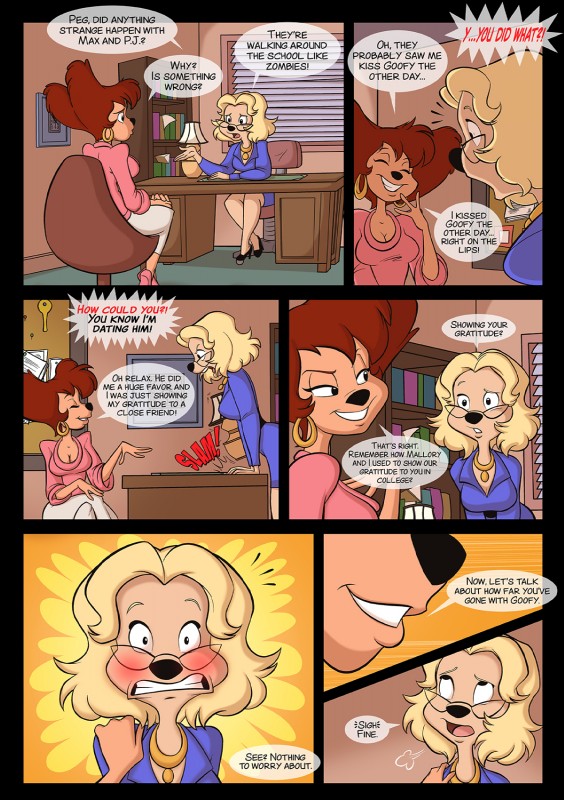 anthro big_breasts blush breasts cleavage clothed clothing dialogue duo female mature_anthro mature_female text aeolus06 tsm-draws ujinko disney goof_troop ms._pennypacker peg_pete canid canine mammal comic english_text hi_res