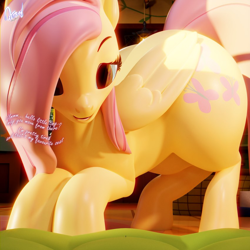 dialogue feathers female first_person_view hair low-angle_view pink_hair size_difference solo thick_thighs wings worm's-eye_view yellow_body yellow_feathers quicktimepony friendship_is_magic hasbro my_little_pony mythology fluttershy_(mlp) equid equine mammal mythological_creature mythological_equine pegasus 1:1 3d_(artwork) digital_media_(artwork) hi_res