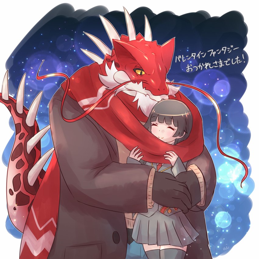 anthro biped clothed clothing duo hug hugging_another hugging_from_behind human_on_anthro interspecies kemono red_body sweater text topwear alli_paeonia lifewonders tokyo_afterschool_summoners female_protagonist_(tas) itzamna_(tas) protagonist_(tas) human iguana iguanid lizard mammal reptile scalie 1:1 2022 hi_res japanese_text translation_request