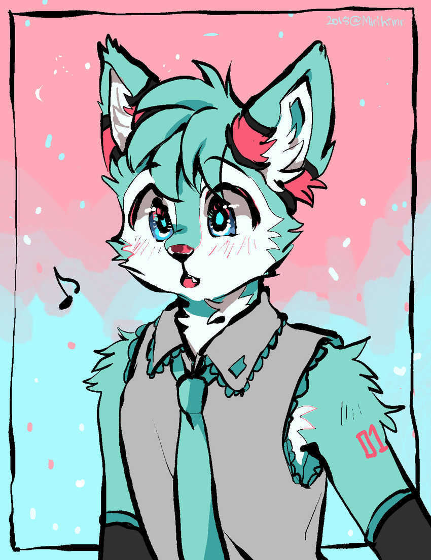 anthro armwear blue_body blue_eyes blue_fur clothing cosplay countershading fur fur_markings male markings musical_note musical_symbol necktie open_mouth shirt solo symbol topwear white_body white_fur miri vocaloid hatsune_miku roflfox canid canine fox mammal 2018 half-length_portrait hi_res portrait