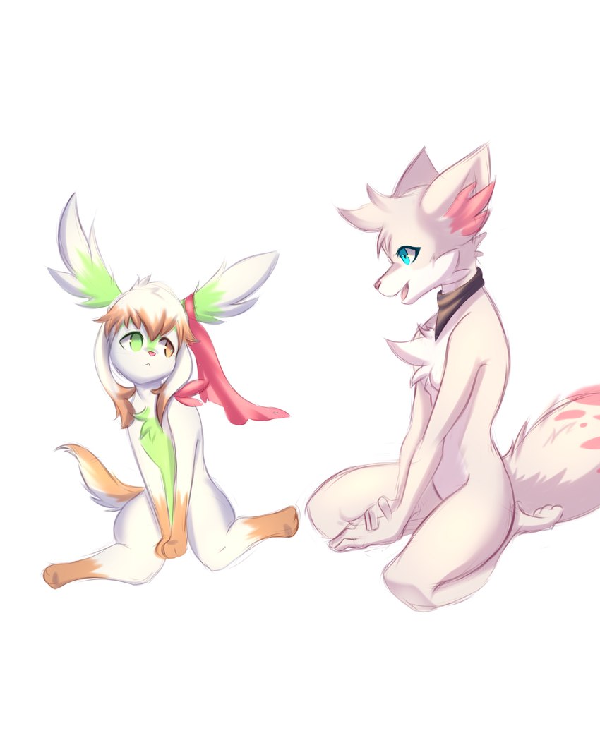 anthro blue_eyes bow_ribbon chatting duo female fur green_body green_fur heterochromia inner_ear_fluff kneeling looking_at_another open_mouth pale_fur paws pink_nose scarf simple_background tongue tuft white_background white_body white_fur xecho7x fakemon nintendo pokemon ruka_vaporeon braixen generation_4_pokemon generation_6_pokemon legendary_pokemon pokemon_(species) shaymin sky_forme_shaymin 2023 absurd_res digital_media_(artwork) hi_res