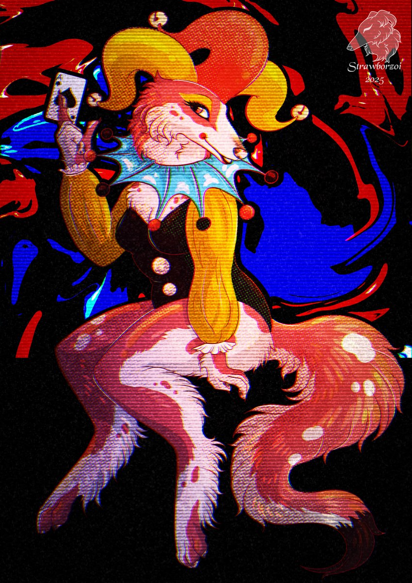 abstract_background ace_of_spades anthro bell belly breasts clothing exposed_thighs female fluffy fluffy_tail fool's_hat hat headgear headwear jester_outfit medium_breasts orange_body paws solo tail text white_belly strawborzoi balatro canid canine canis domestic_dog mammal absurd_res digital_media_(artwork) english_text hi_res