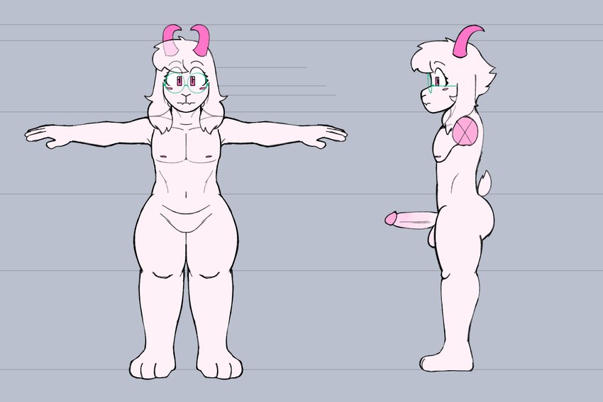 anthro balls big_butt blush butt erection eyewear feet fluffy_ears fur genitals glasses horn humanoid_genitalia humanoid_penis male neutral_expression nude penis pink_eyes simple_background solo square_eyes standing t-pose tail thick_thighs white_body white_fur fembunns deltarune undertale_(series) ralsei bovid caprine darkner goat mammal 2024 3:2 hi_res model_sheet