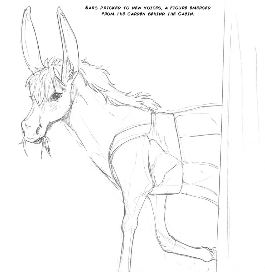 clothed clothed_feral clothing eating feral hair hooves solo text arania the_cabin_in_the_woods_(arania) carla_(tcitw) asinus donkey equid equine mammal black_and_white comic english_text hi_res monochrome herm_(lore)