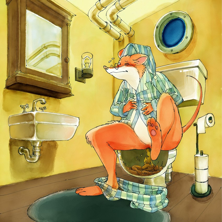 anthro barefoot bathroom bathroom_sink blush bodily_fluids bottomwear bottomwear_down butt clothed clothing desperation diarrhea eyewear feces feces_pile feet food_poisoning fur glasses hat headgear headwear holding_belly male mirror mirror_reflection nightcap no_underwear on_toilet one_leg_up orange_body orange_fur pajama_bottoms pajama_pants pajama_shirt pajamas pants pants_down partially_clothed poop_desperation poop_in_ass poop_in_bowl pooping pooping_into_water potty_time raised_leg reflection shit_in_ass sink sitting_on_toilet solo stomach_ache sweat sweatdrop toilet toilet_bowl toilet_paper toilet_seat toilet_use wide_hips window deuce_dude geronimo_stilton_(series) geronimo_stilton mammal mouse murid murine rodent 1:1 hi_res watercolor_(artwork)