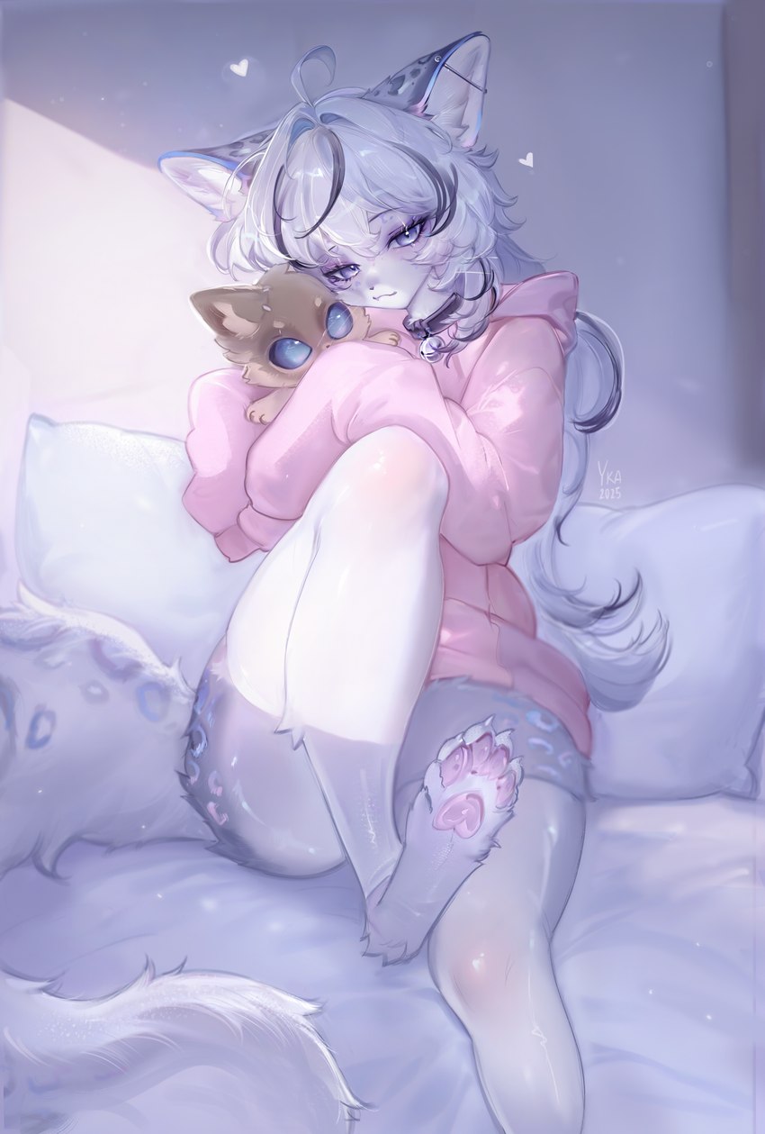 anthro bed bottomwear clothed clothing feet female fur furniture hair heart_symbol hug hugging_object hugging_plushie long_hair looking_at_viewer on_bed oversized_clothing oversized_topwear pawpads pink_clothing pink_sweater pink_topwear plushie shorts simple_background sitting sitting_on_bed solo sweater tail topwear white_body white_fur white_hair white_tail yuka wagyumi felid mammal pantherine snow_leopard 2025 colored digital_media_(artwork) hi_res shaded