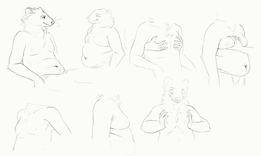 anthro belly clothed clothing group male moob_grab moob_squish moobs overweight overweight_anthro overweight_male sitting slightly_chubby slightly_chubby_anthro slightly_chubby_male smile standing topless cettus mammal mustelid 2019 hi_res multiple_images sketch sketch_page