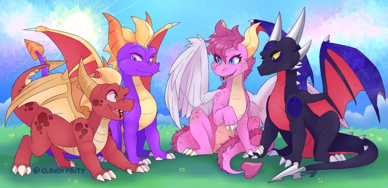 all_fours claws feathers feet female feral group hair happy heart_symbol horn male nude open_mouth scales sharp_teeth sitting smile spade_tail tail teeth toe_claws tongue wings cloudypouty activision european_mythology mythology spyro_the_dragon the_legend_of_spyro cynder ember_(spyro) flame_(spyro) spyro dragon mythological_creature mythological_scalie scalie western_dragon absurd_res hi_res