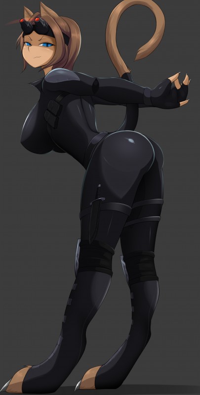 blue_eyes bodysuit breasts brown_hair butt clothed clothing curvy_figure eyewear female fully_clothed goggles grey_background hair knee_pads knife looking_at_viewer naughty_face pupils simple_background skinsuit slit_pupils solo standing tight_clothing voluptuous weapon safurantora bastet_(smite) animal_humanoid felid felid_humanoid humanoid mammal mammal_humanoid 2015 absurd_res hi_res