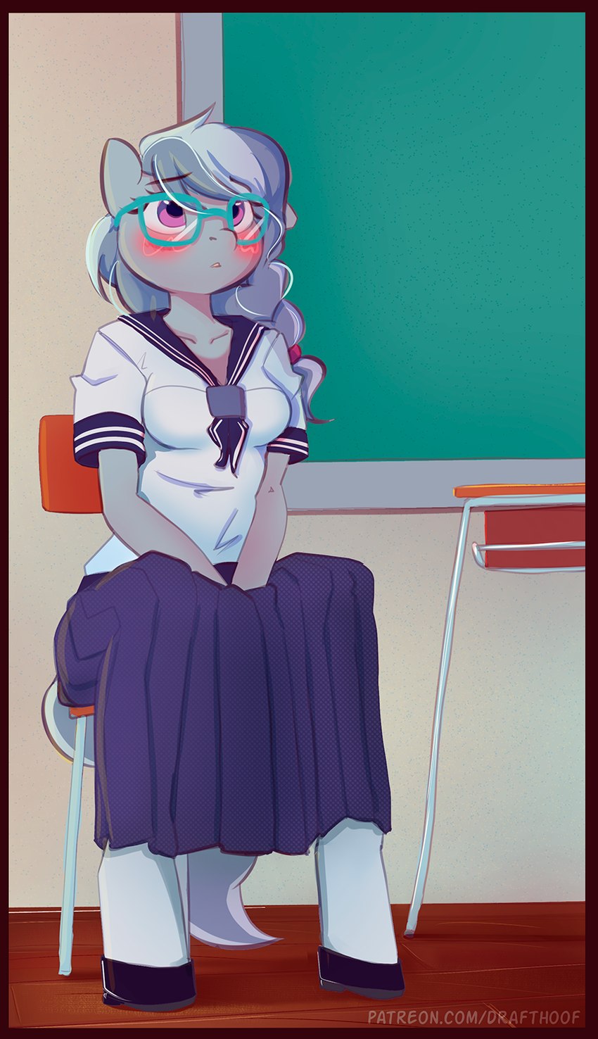 anthro asian_clothing border clothing east_asian_clothing female japanese_clothing japanese_school_uniform red_border school_uniform serafuku sitting solo uniform drafthoof friendship_is_magic hasbro my_little_pony silver_spoon_(mlp) equid equine horse mammal pony hi_res