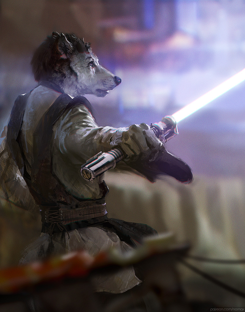 anthro blue_lightsaber clothed clothing fighting_pose jedi lightsaber male melee_weapon pose solo standing weapon nomax star_wars canid canine canis mammal wolf 2020 digital_media_(artwork) hi_res