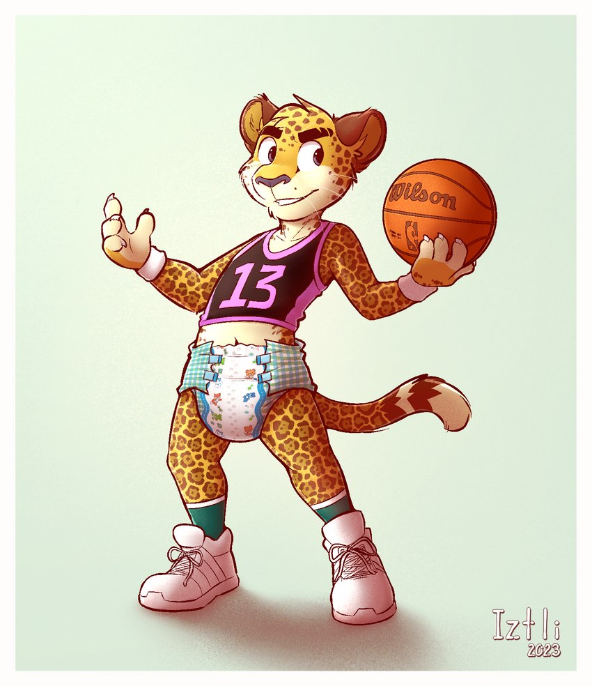 4_fingers anthro ball basketball_(ball) biped border bottomwear claws clothed clothing countershade_face countershade_fur countershading diaper eyebrows fingers footwear fur holding_object littlepawz_(diaper) male shoes socks solo tail underwear wearing_diaper white_border young young_anthro young_male iztli abuniverse littlepawz iztli_(iztli) felid jaguar mammal pantherine 2023 hi_res