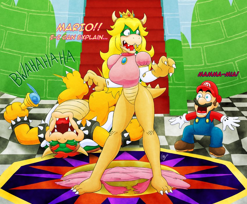 anthro blonde_hair blue_eyes castle clothing crown detailed_background dialogue element_drop_shadow embarrassed featureless_crotch female group hair headgear horn laugh male mushroom_castle_(super_mario_64) name_drop name_in_dialogue open_mouth peach's_castle scepter shocked spikes stuttering talking_to_another text text_drop_shadow vocalization gregthelion mario_bros nintendo bowser mario princess_koopa princess_peach human koopa mammal scalie absurd_res digital_media_(artwork) english_text hi_res