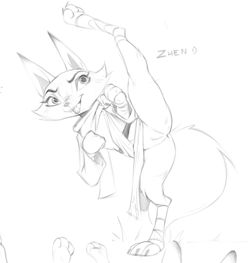 anthro anus bottomless claws clothed clothing female genitals high_kick kick kung_fu looking_up pussy simple_background smile solo toe_claws trashtikko dreamworks kung_fu_panda zhen_(kung_fu_panda) canid canine corsac_fox fox mammal true_fox 2024 monochrome sketch