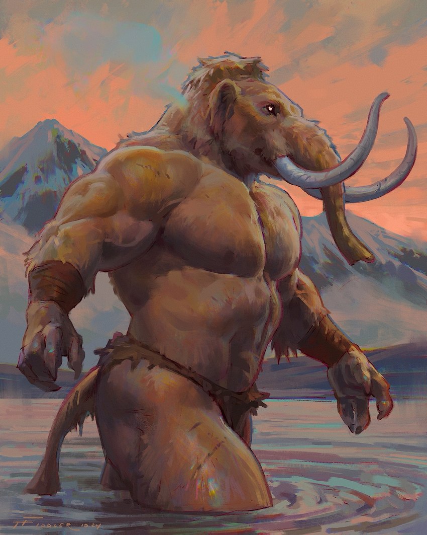 4_fingers anthro arm_wraps biceps bottomwear brown_body brown_fur claws clothed clothing detailed_background finger_claws fingers fur loincloth loincloth_only male mountain muscular muscular_male partially_submerged pecs proboscis_(anatomy) side_view solo standing tail topless trunk_(anatomy) tusks walking wraps taran_fiddler weretober elephantid mammal mammoth prehistoric_species proboscidean woolly_mammoth 2024 4:5 hi_res signature