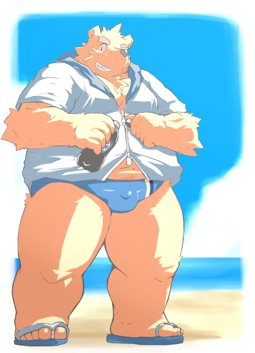 5_toes anthro balls_outline beach bulge clothing detailed_bulge feet flip_flops foot_fetish foot_focus footwear genital_outline hoodie humanoid_hands kemono male outside overweight overweight_male paws sandals seaside shoes solo swimwear toes topwear water kisukemk777 bear mammal 2011 2012 hi_res unavailable_at_source