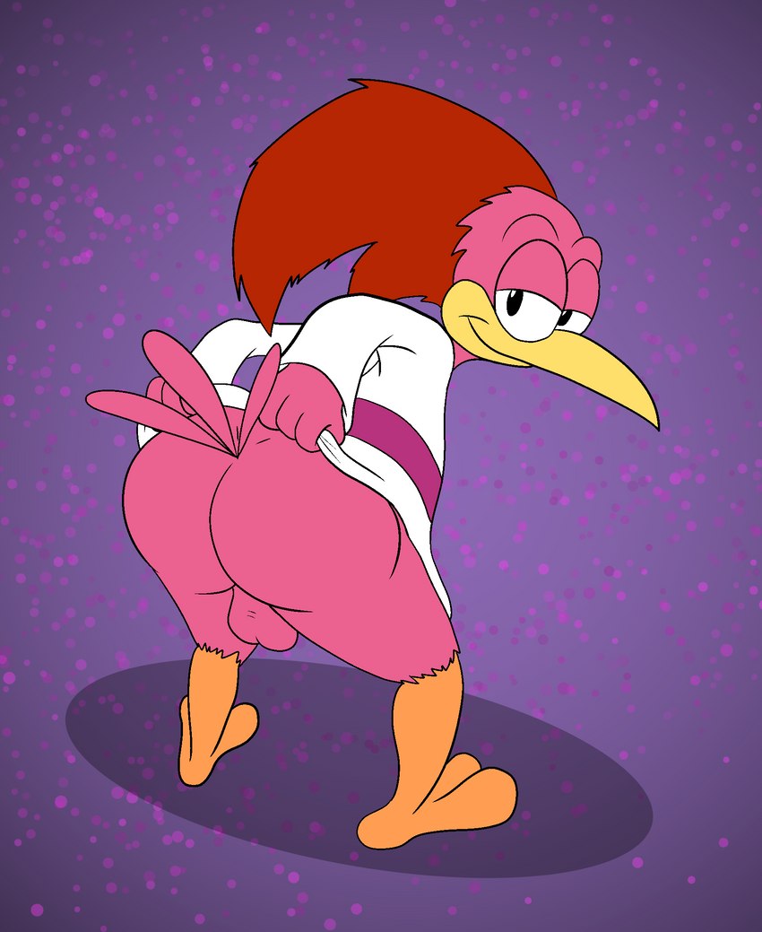 abstract_background anthro backsack balls bedroom_eyes big_butt bottomless butt clothed clothing clothing_lift feathers genitals looking_at_viewer looking_back male narrowed_eyes pink_body pink_feathers presenting presenting_hindquarters seductive shirt shirt_lift solo tail tail_feathers topwear darkajugin disney the_three_caballeros aracuan_bird avian bird hi_res