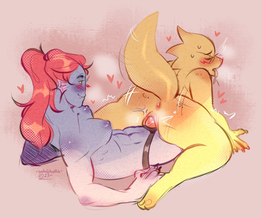 abs all_fours anthro anus aroused athletic blue_body blue_nipples blush breasts butt crouching_reverse_cowgirl dildo duo ear_fins emanata eyes_closed eyewear female female/female fin genitals glasses hair head_spikes heart_symbol humanoid_on_anthro looking_at_another looking_at_partner lying motion_lines nipples non-mammal_breasts noseless nude on_back penetration pink_background ponytail pussy rectangular_glasses red_hair scales sex sex_toy sharp_teeth shy simple_background slightly_chubby smile spikes spikes_(anatomy) strapon strapon_sex tail teeth thick_tail tongue tongue_out toying_partner vaginal vaginal_penetration yellow_body yellow_scales yellow_sclera yellow_teeth sadmishutka_(artist) mythology undertale undertale_(series) alphys undyne animal_humanoid dragon fish fish_humanoid humanoid lizard marine marine_humanoid mythological_creature mythological_scalie reptile scalie