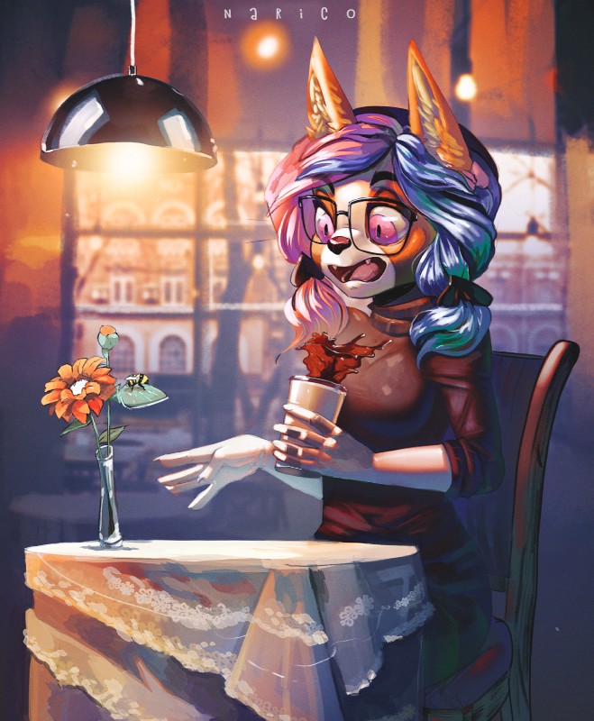 anthro beverage biped cafe clothed clothing female inside open_mouth sitting solo narico emmy_(mamuemu) arthropod bee canid canine hymenopteran insect mammal hi_res