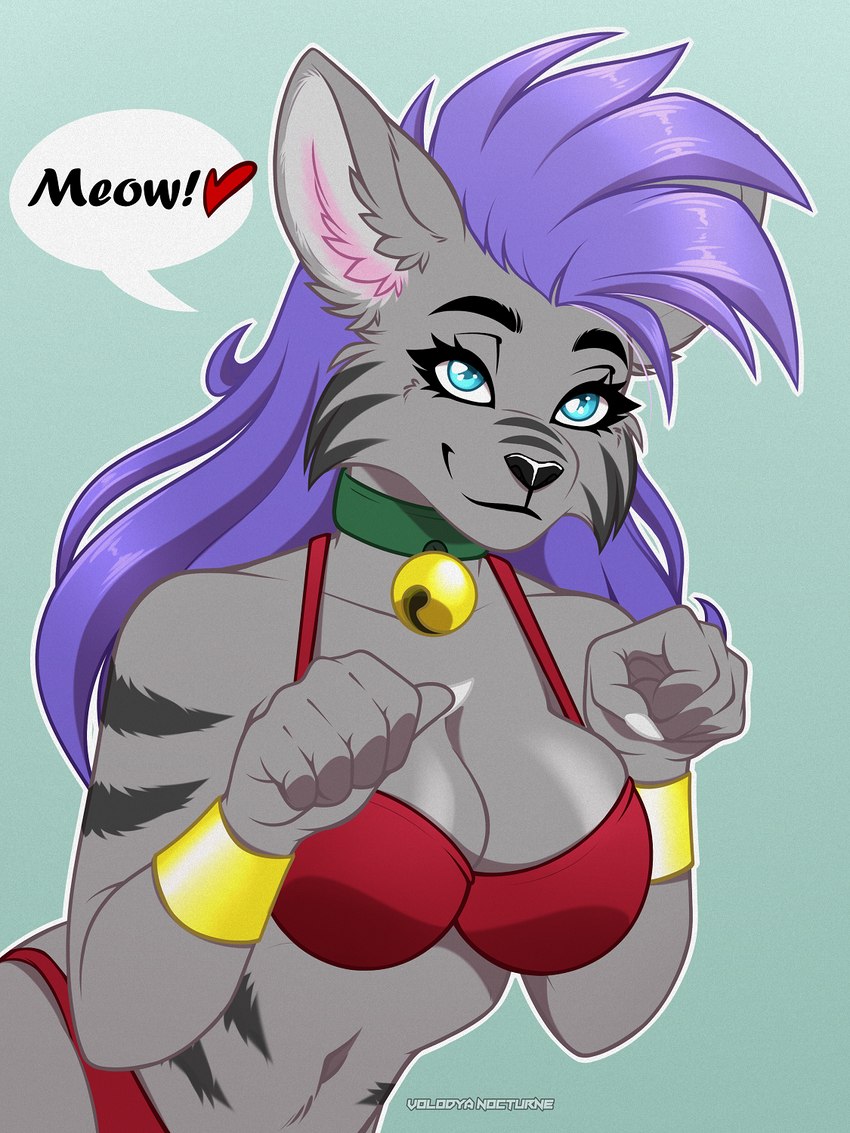 anthro bell bell_choker big_breasts bikini blue_eyes bra bracelet breasts choker clothing collar female fur grey_body grey_fur hair heart_nose heart_symbol jewelry jingle_bell long_hair meowing navel necklace paw_pose pose purple_hair smile solo speech_bubble stripes swimwear two-piece_swimsuit underwear whiskers volodyanocturne domestic_cat felid feline felis mammal 3:4 hi_res