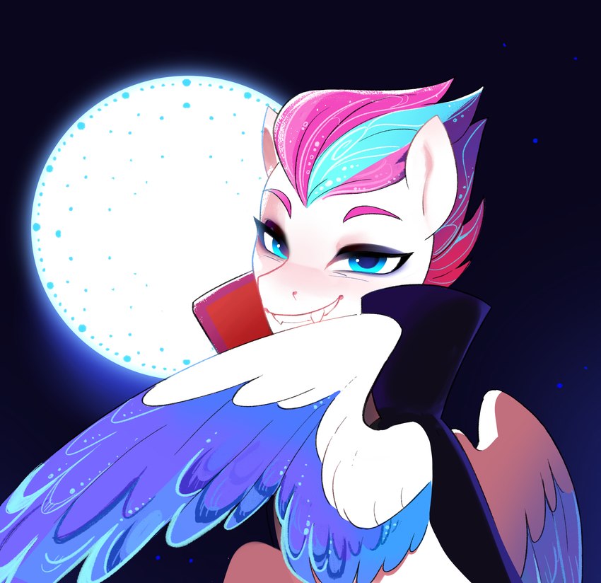 blue_eyes blue_hair cape clothing eyebrows fangs female feral full_moon hair looking_at_viewer moon multicolored_hair night purple_eyebrows purple_hair purple_wings smile solo teeth two_tone_hair two_tone_wings white_wings wings aztrial hasbro mlp_g5 my_little_pony mythology zipp_storm_(mlp) equid equine mammal mythological_creature mythological_equine pegasus vampire hi_res