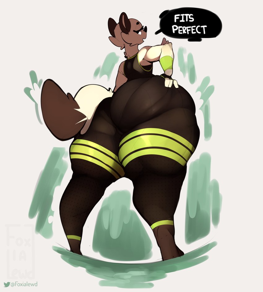 anthro athletic_wear big_butt biped bottomwear butt clothing dialogue female hand_on_butt huge_butt huge_hips huge_thighs looking_at_viewer pants solo speech_bubble talking_to_viewer text thick_thighs wide_hips yoga_pants foxialewd kaz_(foxialewd) mammal mustelid musteline stoat true_musteline weasel 2022 absurd_res digital_media_(artwork) english_text hi_res