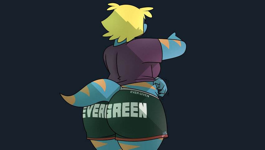 anthro big_butt blonde_hair blue_body blue_scales bottomwear butt butt_focus clothing faceless_anthro faceless_character faceless_female female hair hotpants rear_view scales scratching shorts text text_on_bottomwear text_on_clothing text_on_hotpants text_on_shorts tight_clothing wide_hips potoobrigham junk_planet bree_(junk_planet) scalie 2021 meme