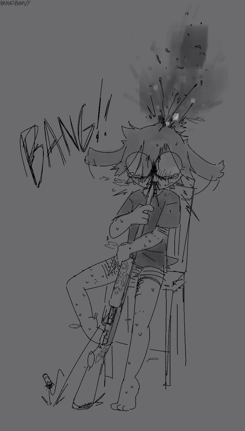 ambiguous_gender anthro blood bodily_fluids chair clothed clothed_anthro clothing death furniture gore gun on_chair ranged_weapon self-harm shirt shooting shotgun sitting sitting_on_chair solo suicide t-shirt tears topwear weapon bravobunny bravo_(bravobunny) lagomorph leporid mammal rabbit greyscale hi_res monochrome