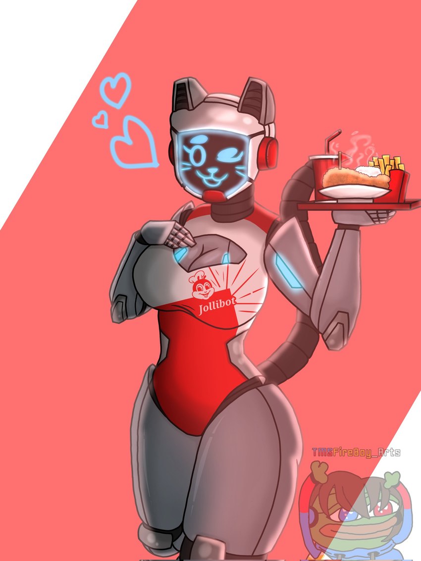 anthro anthrofied beverage blue_eyes bodysuit breasts cameo chicken_meat cleavage cleavage_cutout clothed clothing cutout drumstick_(food) fast_food female food food_tray fried_chicken fries green_body green_skin grey_body heart_symbol holding_object jacket machine meat metallic_body one_eye_closed plate print_clothing raised_tail rice screen screen_face segmented_tail skinsuit soda solo tail tight_clothing topwear wink tmsfireboy_arts jollibee pudu_robotics jollibot pepe_the_frog amphibian android bellabot domestic_cat felid feline felis frog mammal robot 2022 3:4 artist_name hi_res meme portrait three-quarter_portrait watermark