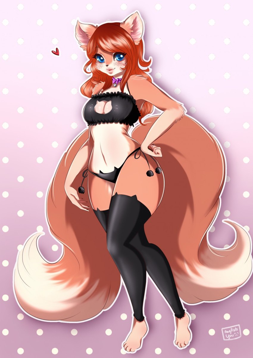 2_tails anthro barefoot biped blue_eyes breasts clothing feet female fur hair heart_symbol legwear multi_tail navel pattern_background red_hair simple_background smile solo tail tan_body tan_fur thigh_highs underwear wide_hips anglish canid canine fox mammal 2016 hi_res