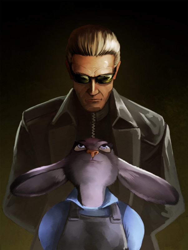 anthro blue_eyes brown_background brown_hair clothed clothing coat duo eyewear female hair long_ears looking_up male pink_nose police police_uniform simple_background size_difference smile sunglasses topwear uniform hattonslayden capcom disney resident_evil zootopia albert_wesker judy_hopps human lagomorph leporid mammal rabbit 2016 crossover hi_res