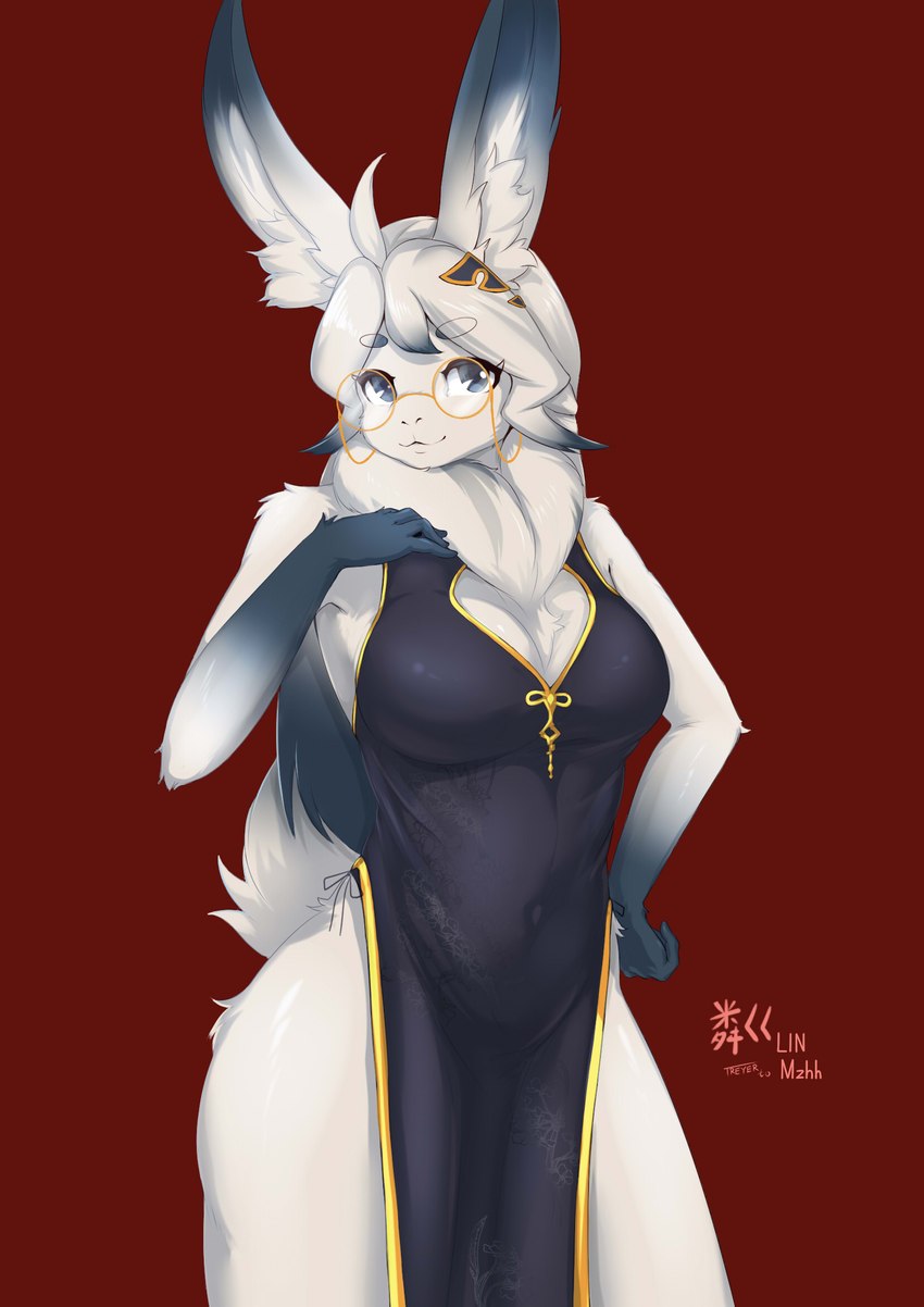 anthro asian_clothing breasts clothing east_asian_clothing eyewear female fur glasses hair inner_ear_fluff red_background simple_background smile solo tuft white_body white_fur white_hair treyer lagomorph leporid mammal rabbit 2020 hi_res