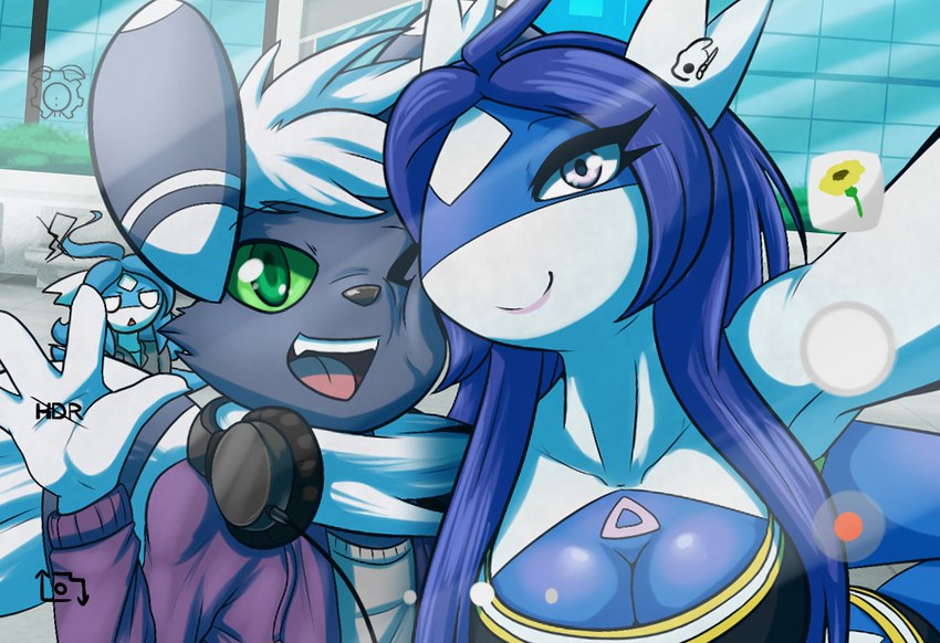 anthro black_nose blue_hair blue_wings breasts cleavage closed_smile clothed clothing crossgender electronics eyebrows eyelashes female green_eyes green_sclera group hair headphones headphones_around_neck lips long_hair looking_at_another male mouth_closed one_eye_closed open_mouth open_smile pokemorph pupils selfie smile teeth tongue trio window wings latiar nintendo pokemon laurel_misora locke_(sullentiger) tiara_(latiar) generation_3_pokemon generation_6_pokemon latias latios legendary_pokemon meowstic pokemon_(species) 2019 digital_media_(artwork)