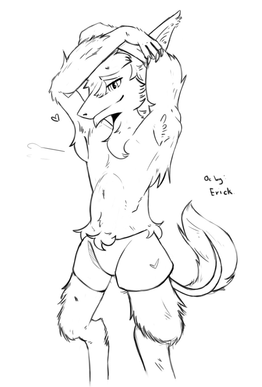 anthro blush butt claws clothed clothing fur hair looking_at_viewer male nipples simple_background smile solo tail darkplayers erick_(darkplayers) sergal 2024 digital_drawing_(artwork) digital_media_(artwork) hi_res monochrome portrait