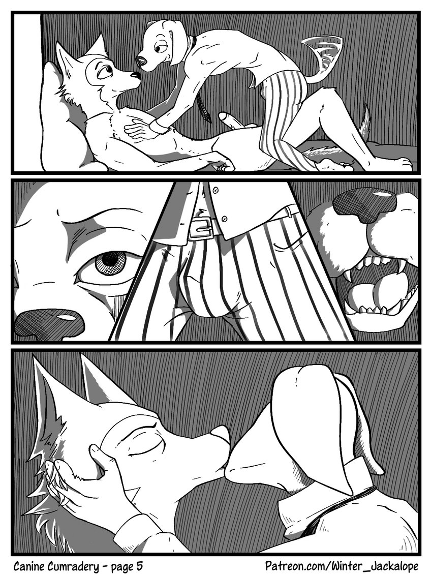 anthro balls bed bulge clothed clothing duo erection french_kissing fur furniture genitals humanoid_genitalia humanoid_penis kissing male male/male necktie nude on_bed penis simple_background smile tail tail_motion tailwag text topwear wintersink beastars jack_(beastars) legoshi_(beastars) bird_dog canid canine canis domestic_dog hunting_dog labrador mammal retriever wolf 3:4 comic digital_media_(artwork) hi_res monochrome