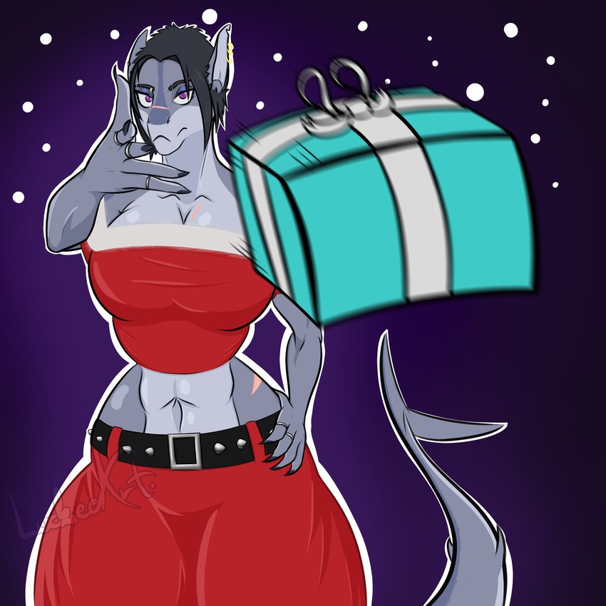 abs anthro athletic belt bottomwear breasts christmas_clothing clothing curvy_figure ear_piercing ear_ring female gift glistening glistening_body hair hand_on_hip holidays hourglass_figure muscular muscular_anthro outline piercing purple_eyes ring ring_piercing scar shark_tail simple_background skirt small_waist solo tail thick_thighs wide_hips luckeeart christmas eminem_throw vanesa_(luckeeart) animal_humanoid fish fish_humanoid humanoid marine marine_humanoid shark shark_humanoid 1:1 absurd_res hi_res