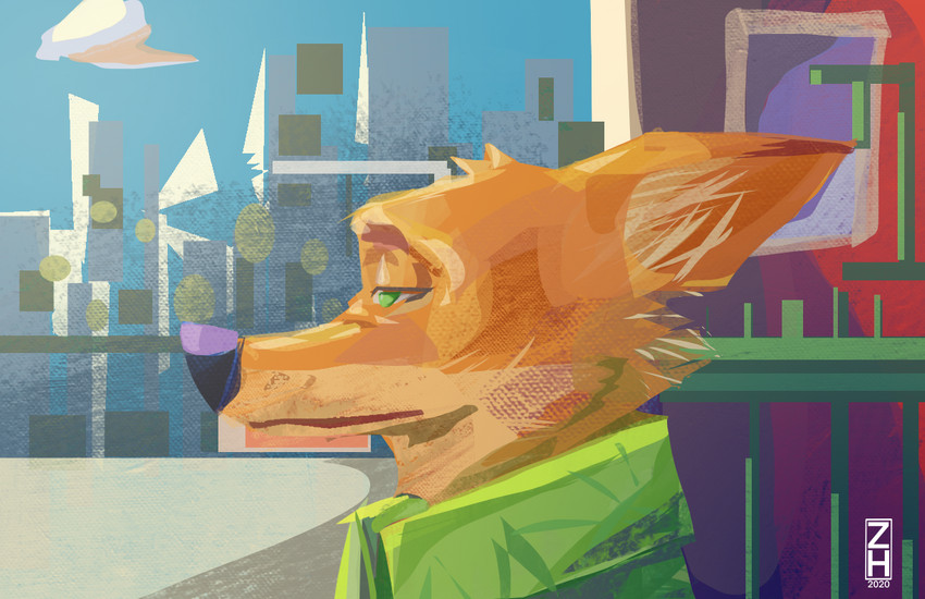 anthro city city_background cityscape detailed_background fur geometric_background looking_away male multicolored_body multicolored_fur orange_body orange_fur simple_background solo two_tone_body two_tone_fur zhearun disney zootopia nick_wilde canid canine fox mammal red_fox true_fox 2020 digital_media_(artwork) signature sketch