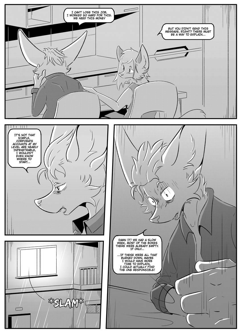 anthro chair clothed clothing dialogue duo female furniture inner_ear_fluff kitchen male outside simple_background sitting speech_bubble text tuft window kifyun2 braun_(kifyun2) emily_braun_(undying_void) canid canine fox mammal absurd_res comic english_text hi_res monochrome