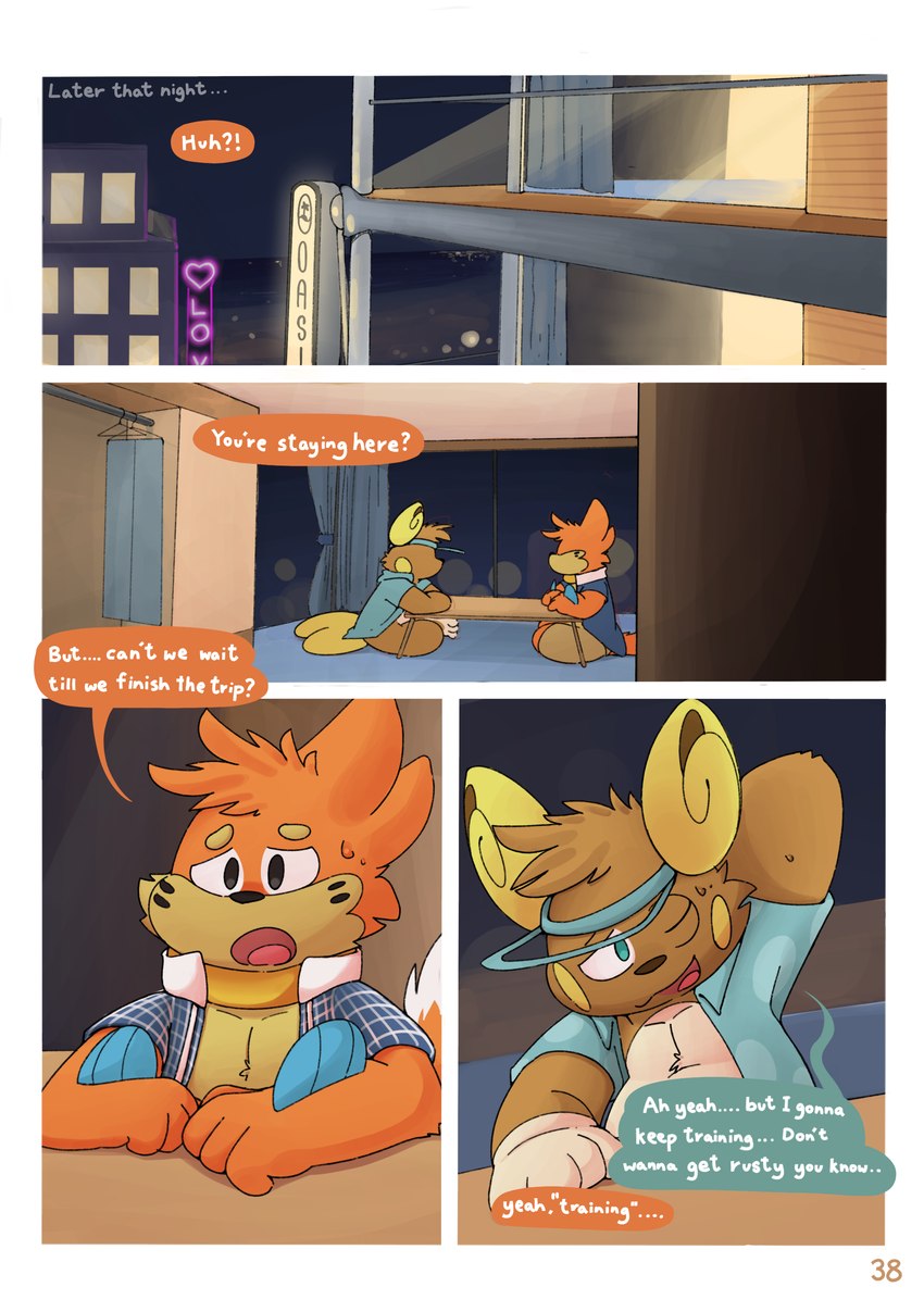 anthro clothed clothing comic_panel dialogue duo hotel hotel_room male male/male night text gralicbutter nintendo pokemon desmond_(gralicbutter) pancake_(gralicbutter) alolan_form alolan_raichu buizel generation_4_pokemon generation_7_pokemon pokemon_(species) regional_form_(pokemon) absurd_res comic english_text hi_res